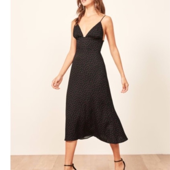 Reformation talita midi black red polka dot slip tie strap dress - Picture 3 of 6